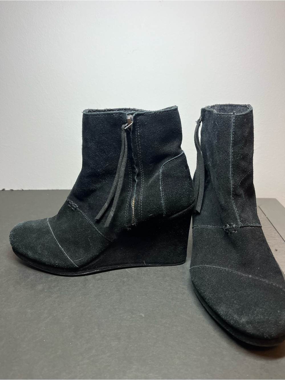 Toms Black Suede Wedge Ankle Booties with Side Tassel Zipper